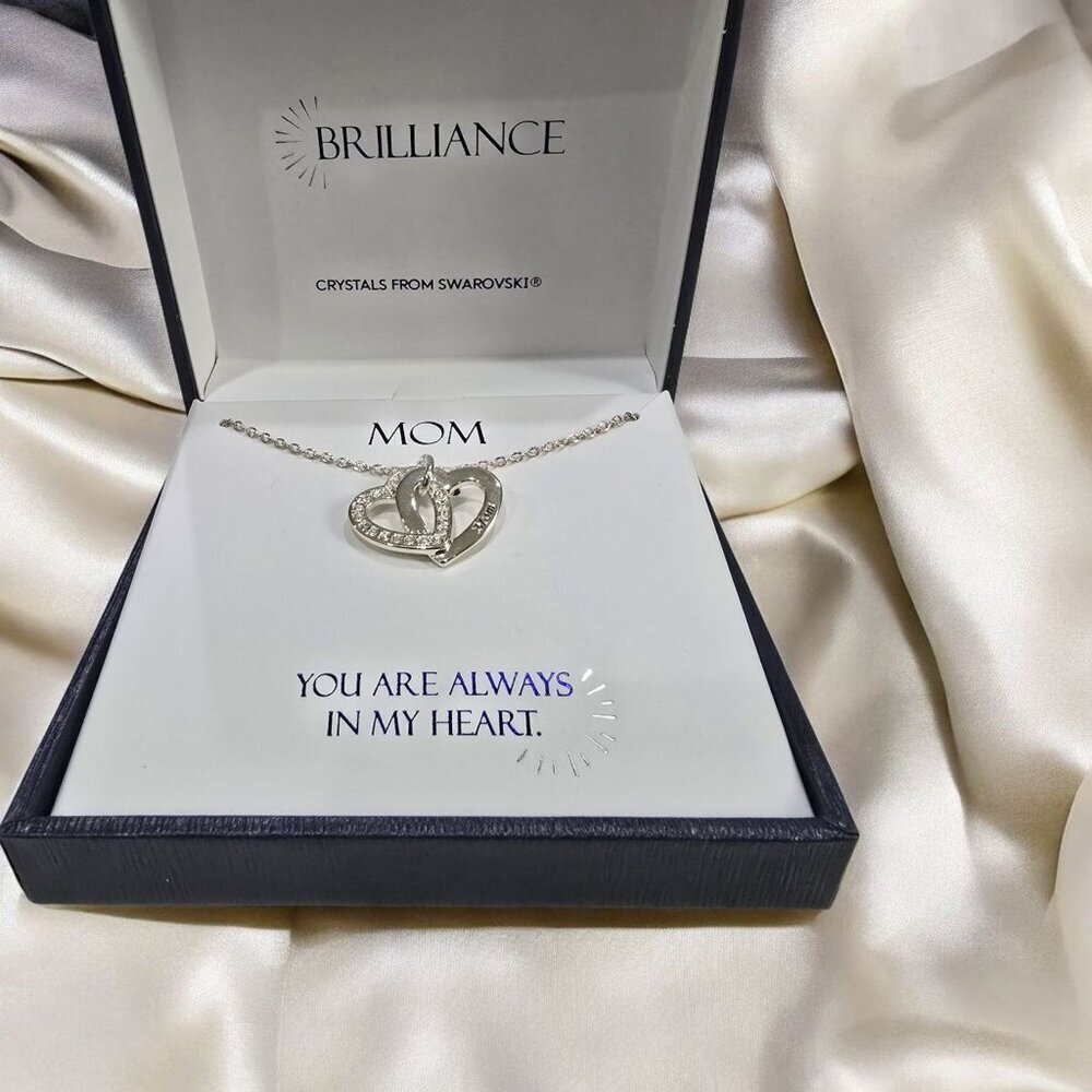 Sterling Silver ✦ Mom Double Heart Necklace ✦ Swarovski Crystal Pendant 18" NWT - Picture 4 of 7